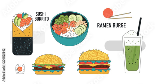Flat lay illustration of a sushi burrito, a poke bowl, two ramen burgers, and a green smoothie against a white background, showcasing vibrant colors and a modern, minimalist design