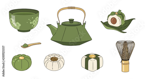 Overhead shot displays matcha tea set including a teapot, whisk, bowl, spoon with powder, and assorted mochi sweets against a clean white background in a flat lay composition with calm