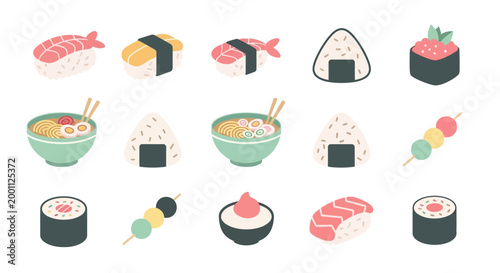 Flat lay of various Japanese food items including sushi, onigiri, ramen, and dango arranged against a white background in pastel colors, creating a vibrant and inviting food illustration