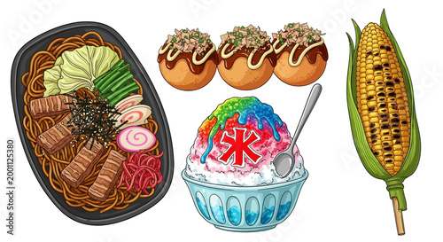 Overhead shot of a spread of Japanese street food including yakisoba, takoyaki, shaved ice, and grilled corn, all brightly colored and presented against a clean white backdrop with detailed