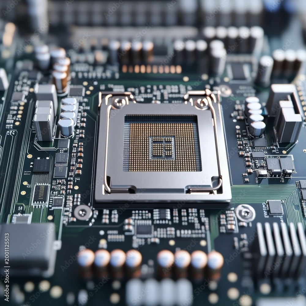 Fototapeta premium Macro shot CPU socket's intricate golden pins on a dark motherboard, symbolizing computing's core, microelectronics and digital future. Processor, Hardware