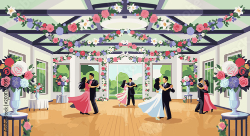 Couples dancing in elegant ballroom decorated with flower garlands for formal celebration