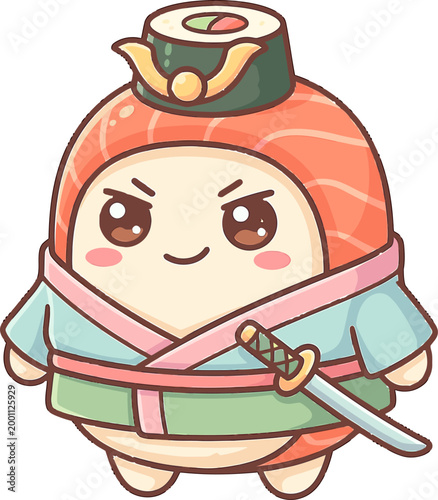 Adorable Kawaii Sushi Samurai Character Illustration with Salmon Roe and Wakame