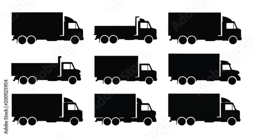 Black silhouette truck icons a collection of delivery vehicle outlines in a grid pattern