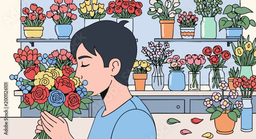 Man smelling colorful bouquet of flowers in florist shop illustration