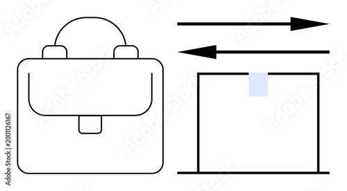 Travel, transport, packaging design, direction, organization, and workflow. Backpack outline with two arrows and a geometric box. Travel and transport concepts illustrated