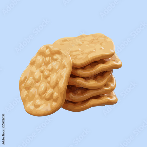 A stack of golden-brown, crispy crackers with a slightly uneven surface, isolated on a soft blue background, perfect for snacks