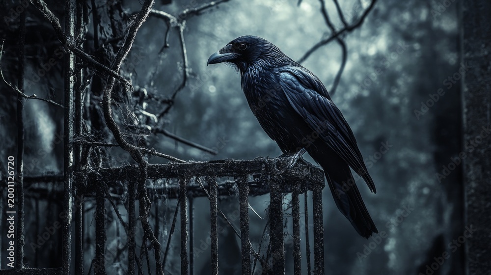 Fototapeta premium Raven perched on a weathered cage in a dark, overgrown forest