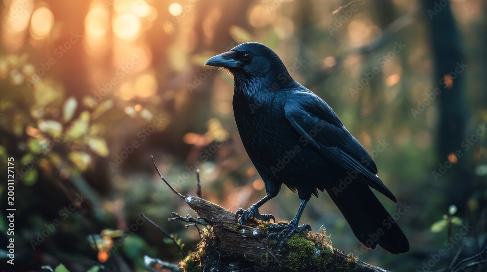 Fototapeta premium Raven perched on a log, golden hour light
