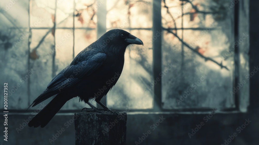Obraz premium Raven perched on a weathered post by a window