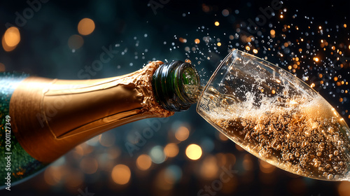Champagne Toast and Celebration: Sparkling Wine Pouring into Glass