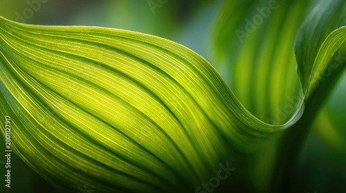 Close-up Macro Shot of Vibrant Green Leaf Veins Illuminated by Sunlight.