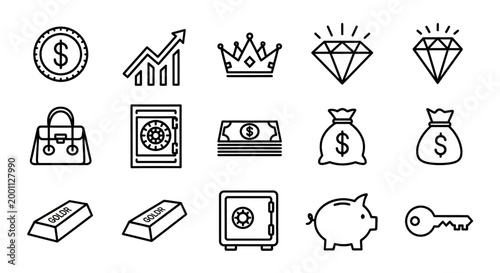Various icons representing money and wealth.
