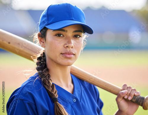 Female Baseball Player Holding Bat Portrait.