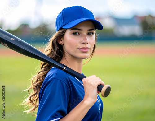 Young Woman Holding Baseball Bat on Field.