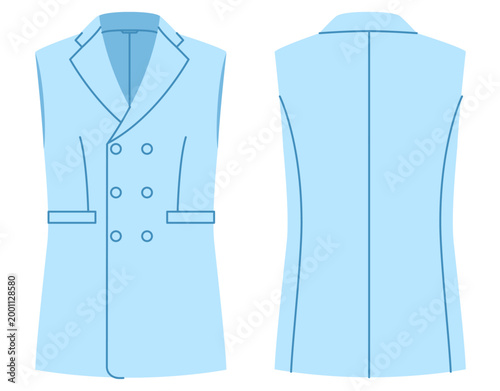 Light blue double breasted vest blazer with structured shaping and fitted silhouette featuring tailored construction refined clean lines. Technical fashion illustration in flat color, front back views