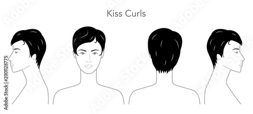 Kiss curls hairstyle black white vector front back profile views, curled hair structure decorative waves composition for salon, hairdresser, fashion illustration, beauty reference
