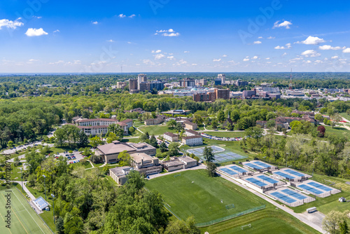 Aerial view of Goucher College Quadrangle in Spring – Maryland Fieldstone Buildings and Blooming Dogwoods on a Historic Liberal Arts Campus