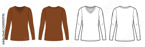 Long sleeve V neck top oversized silhouette, clean construction lines, minimal structure and simple casual everyday wear. Technical fashion illustration in black white and color, front and back views