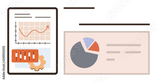 Data analysis, business strategy, financial planning, market research, performance tracking, corporate assessment. Tablet showing graph and pie chart. Data analysis and business strategy concept