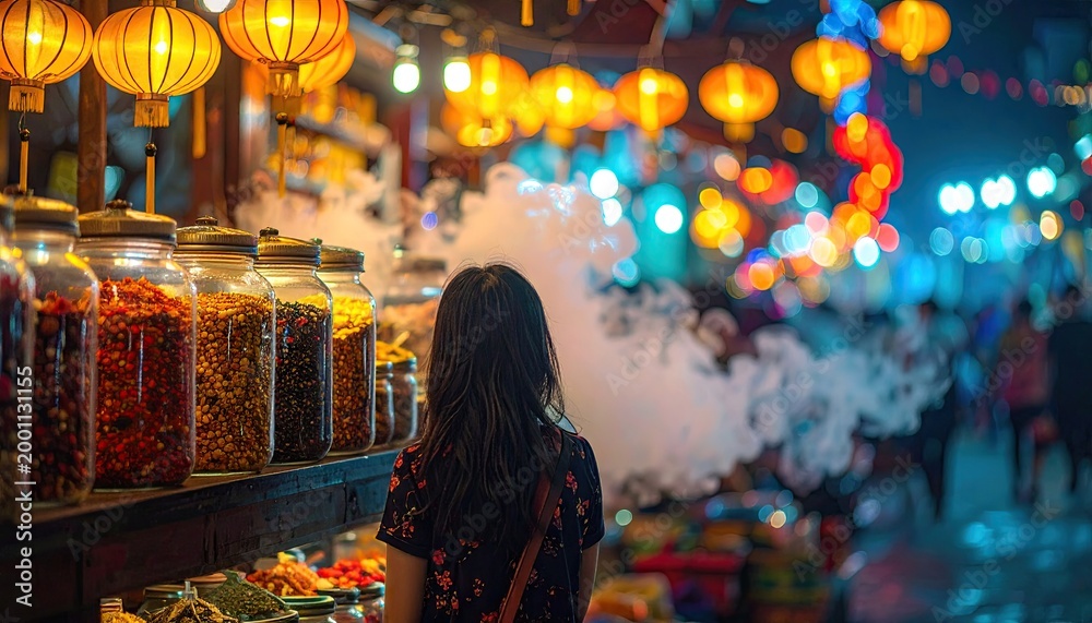 Fototapeta premium Woman admires lanterns and market goods at night with blurred background