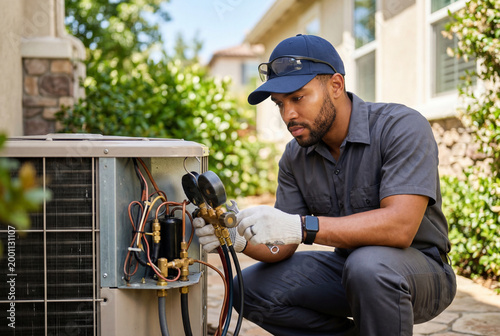 Male HVAC technician repairing outdoor air conditioning unit with gauges