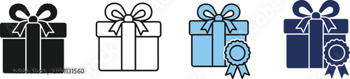 Gift Box with Award Ribbon Icon Set in Black Outline Light Blue and Navy Styles for Reward, Celebration, and Loyalty Program Designs