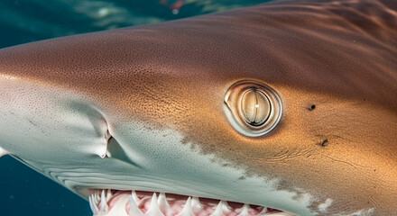 Close-up of shark face underwater.