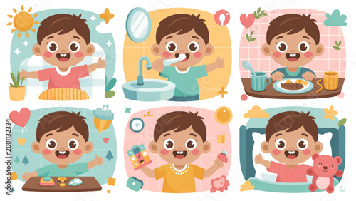 Cartoon kids eating healthy food happily