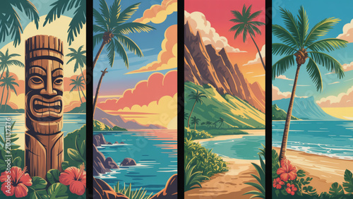 Colorful tropical tiki torches by ocean