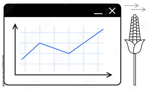 Data analysis, sustainable farming, agriculture trends, crop statistics, agri-tech solutions, business growth. A line graph in a browser window and a corn stalk. Data analysis and sustainable farming