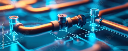 Close-up Industrial copper pipes and glowing blue digital circuitry with valves, visualizing interconnected fluiddata flow in a futuristic network., Digital Plumbing, Smart Grid