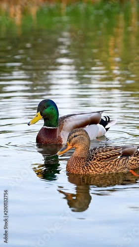 Male and Female Ducks Swimming in Calm Water at Sunrise or Sunset