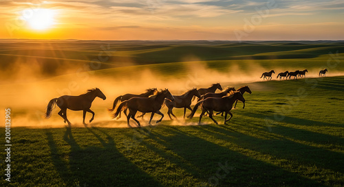 Wild Horses Galloping in a Herd Across Lush Green Rolling Hills at Sunset Majestic Stallions Running through Dust Clouds in Golden Hour Light