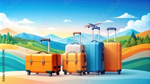 Stylized illustration of luggage against a scenic landscape with an airplane