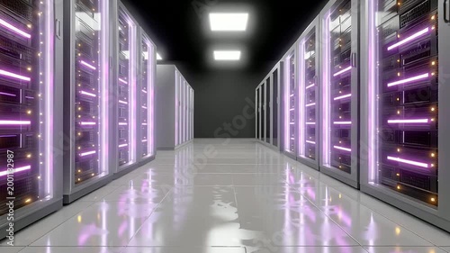 Modern Data Center with Server Racks and Glowing LED Lights in Corridor