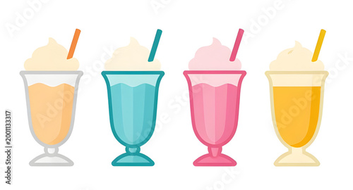 ice cream float, colorful dessert drinks, soda float glasses, sweet beverage illustration, creamy summer dessert, cold refreshment vector, glass float collection, ice cream soda art, tasty frozen drin