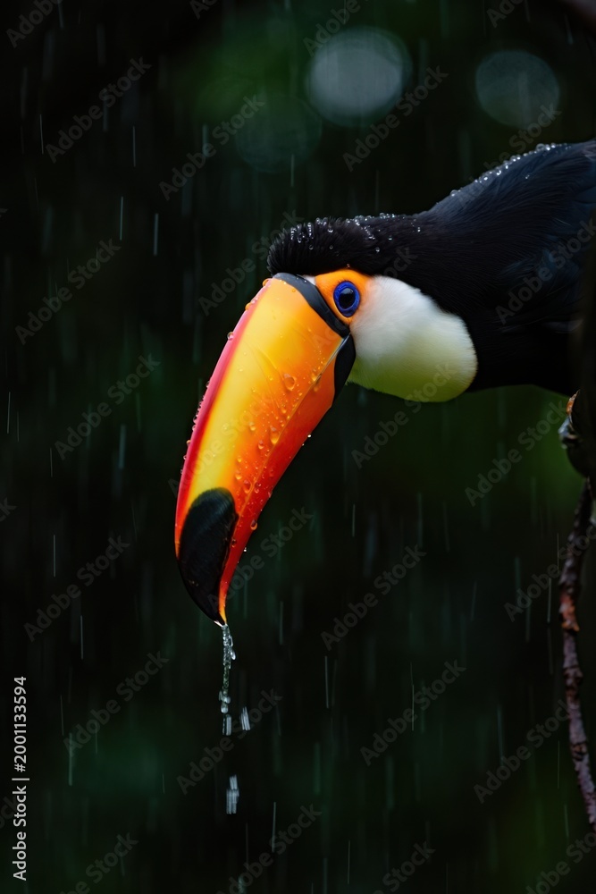 Fototapeta premium Colorful toucan perched on branch with rain droplets in the background