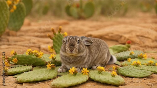 Rabbit Sitting on Cactus Pads Surrounded by Yellow Wildflowers in Desert
