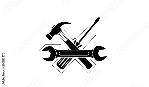 Minimalist vector icons of crossed wrench, screwdriver, and hammer for repair, maintenance, and construction designs