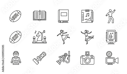 Continuous line hobby and recreation vector icons for children and adults indoor and outdoor activities