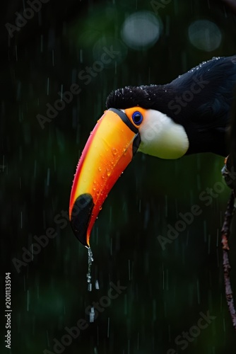 Colorful toucan perched on branch with rain droplets in the background