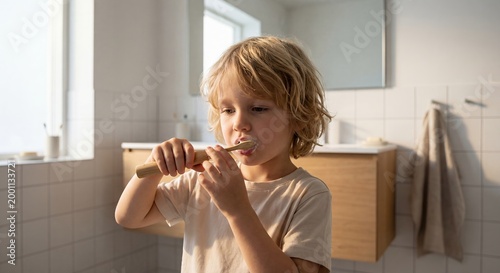 Child brushing teeth in bright bathroom with modern fixtures and decor