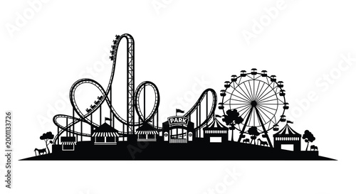 Amusement park silhouette a black and white illustration of thrilling rides and entertainment