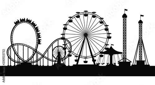 Amusement park silhouette a black and white illustration of rides and attractions