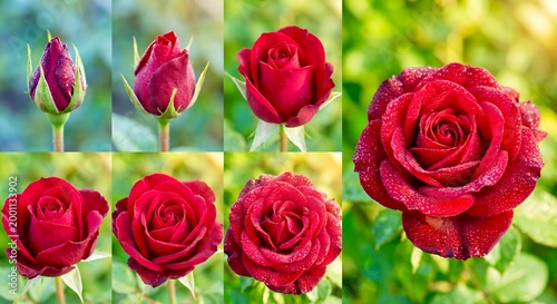 Collection of red roses in various stages of bloom with dew drops