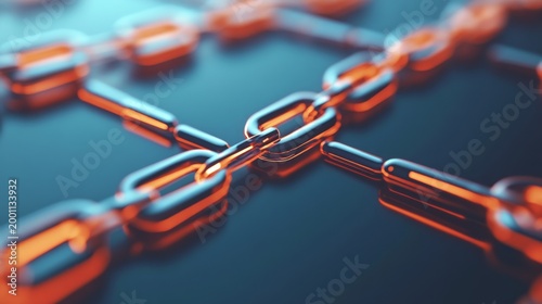 Decentralized Blockchain Network Vivid glowing metallic chain links forming a secure digital grid, sharp focus on a key connection point, reflecting data security and unity.