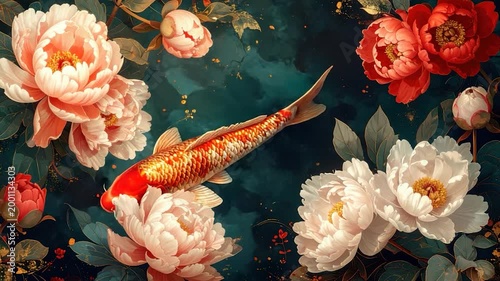 A vibrant koi fish swims amongst blooming peonies against a dark teal background