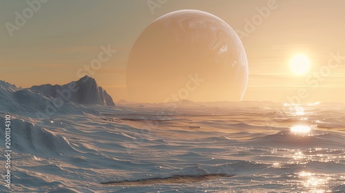 Surreal alien landscape with large planet and glowing sun in the sky