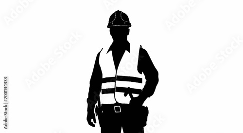 Silhouette of a construction worker wearing a hard hat and safety vest